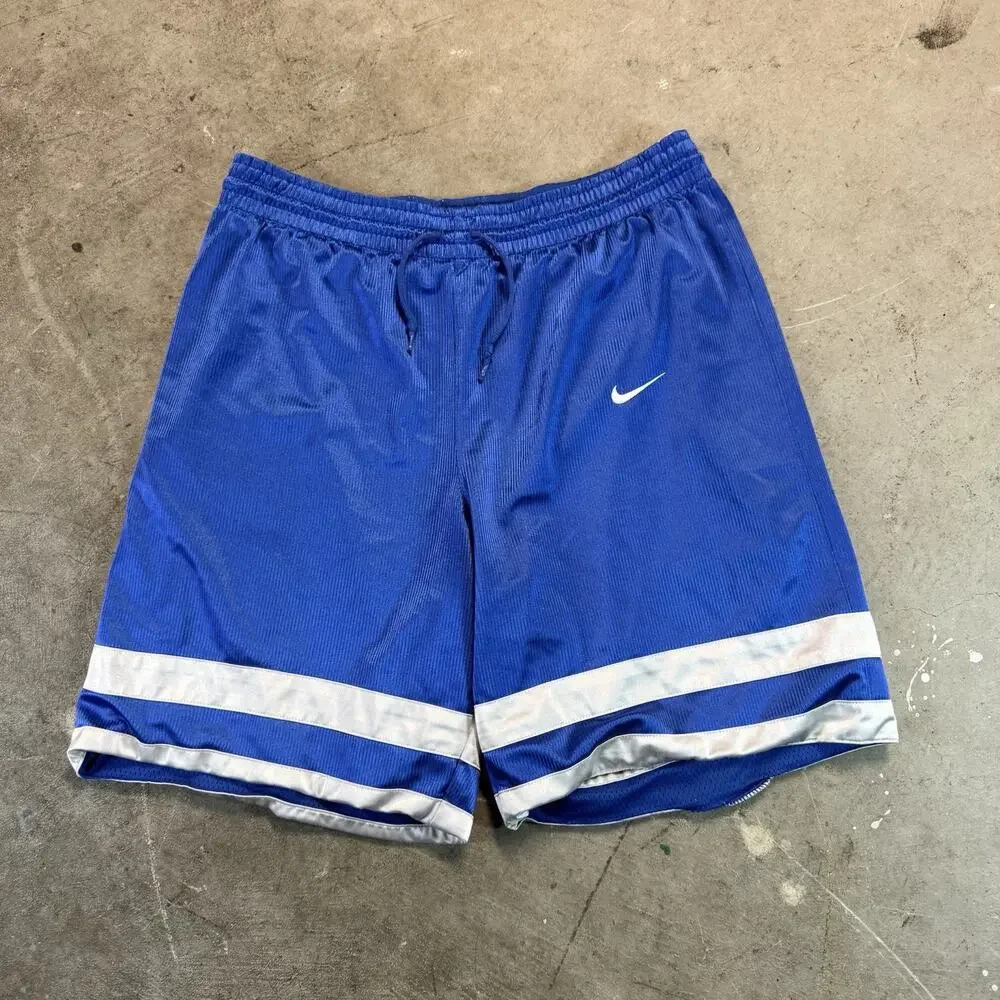 Vintage Nike Basketball Shorts Mens L Reversible Blue Mesh White Stripe Swoosh